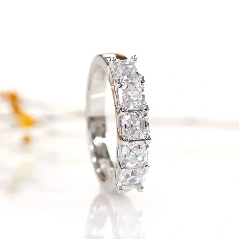 VVS1 Asscher Cut Lab Dia Prong Half Eternity 925 Silver Wedding Band Ring